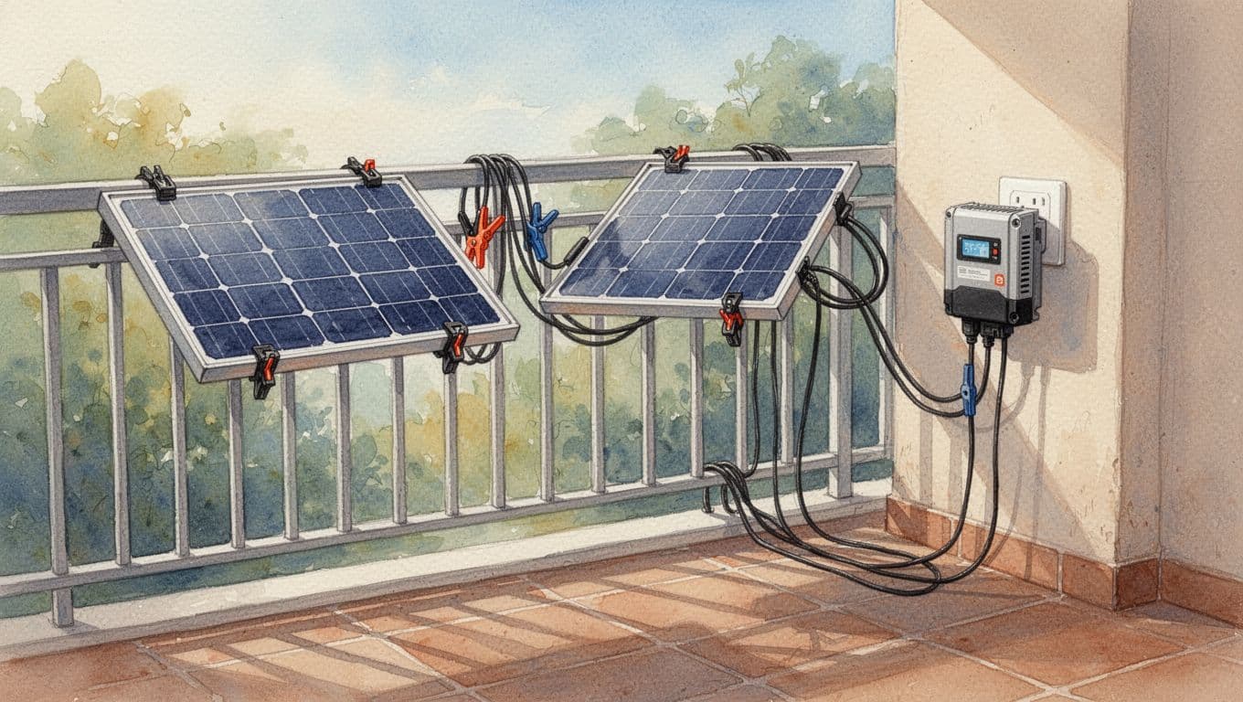 Secure balcony solar power plant setup with inverter correctly connected to Schuko socket, stably mounted modules on a sunny balcony, no overheating or errors, watercolor style with soft blending and brush texture, landscape ratio, no people or text.