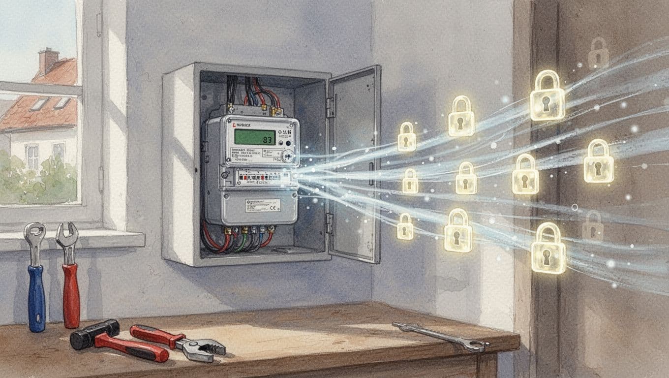 Watercolor style illustration of a secure smart meter installation in a German apartment meter cabinet, with data streams protected by digital lock icons flowing to a server, soft home interior background and tools.