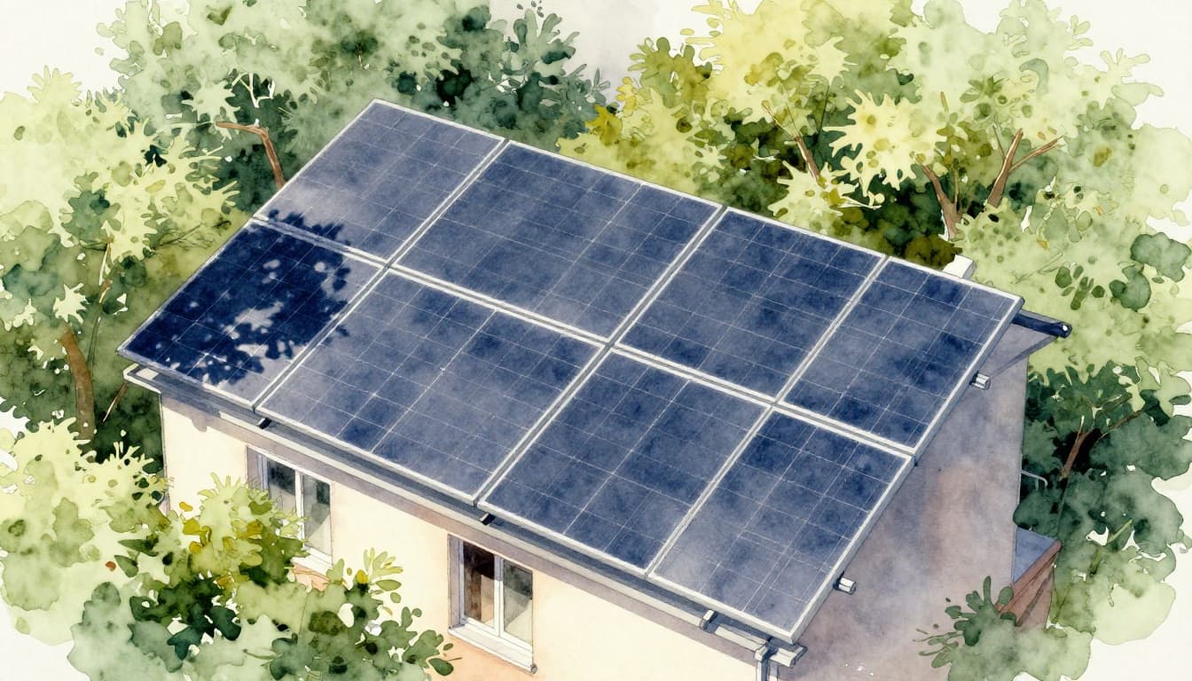 Watercolor illustration of a single balcony solar setup partially overshadowed by a neighboring building and trees in morning and afternoon light, with panels in partial shade, soft blending, and visible brush texture.