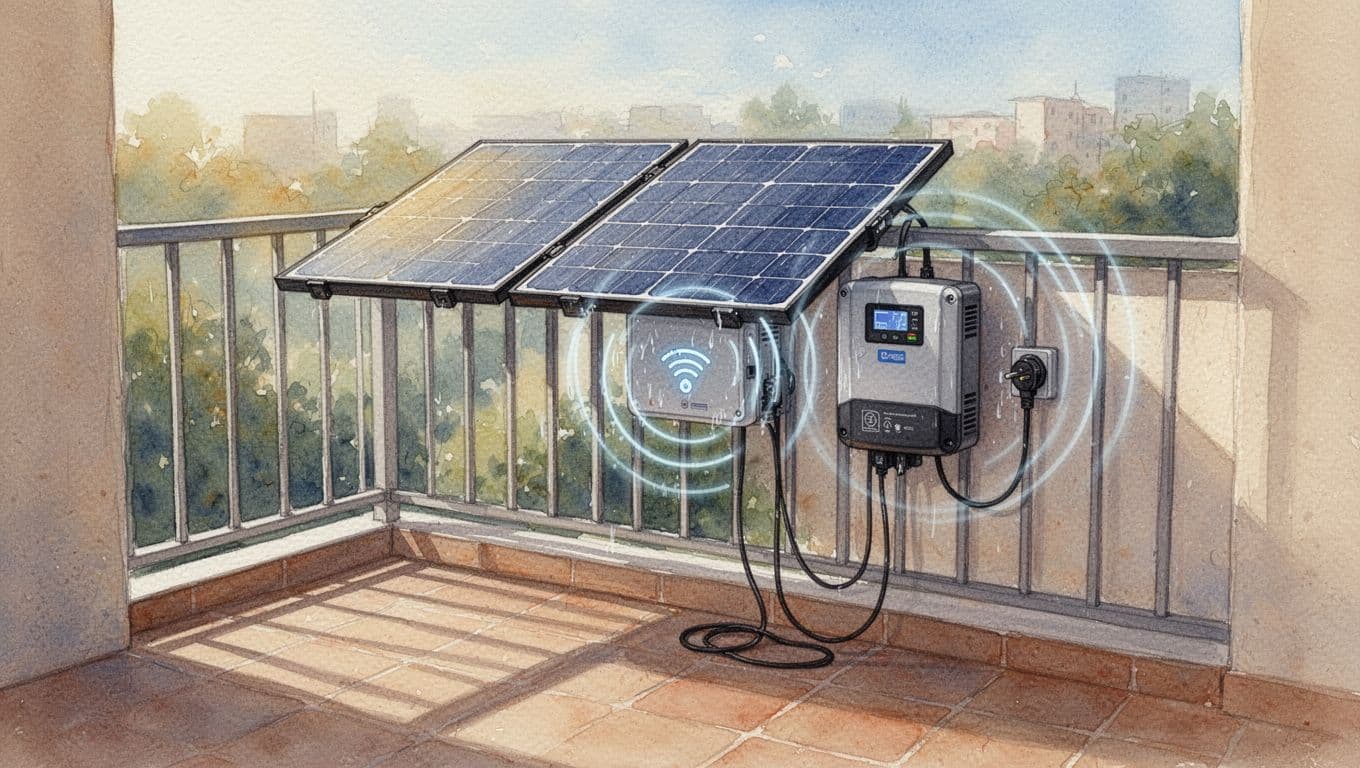 Sicheres Balkonkraftwerk auf sonnigem Balkon mit Schuko-Stecker, wasserdichtem IP67-Wechselrichter und WLAN-Symbol, dargestellt im weichen Wasserfarben-Stil mit sichtbarer Pinseltextur und Verblassen. Genau eine Anlage ohne Personen, Logos oder Texte in Landschaftsformat.