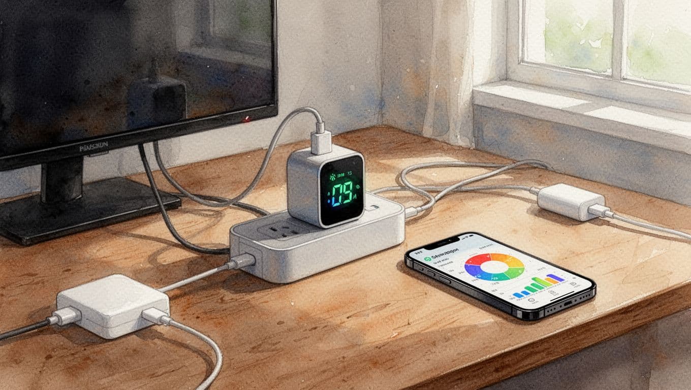 Watercolor style illustration featuring a modern smart power plug socket connected to a TV and charger on a wooden desk, with a nearby smartphone screen showing an energy usage graph. Soft blending, visible brush texture, and warm earthy tones focus on the simple setup for standby control.