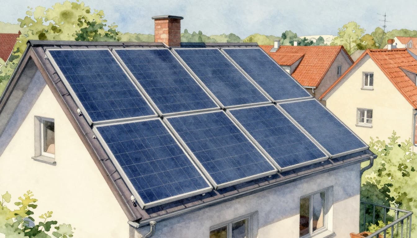 Cozy German apartment balcony facing south with plug-and-play solar panels mounted at 30-degree angle on railing, bright midday sun, watercolor style with soft blending.