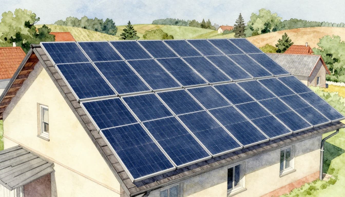 Watercolor style image of a south-facing sloped roof featuring photovoltaic modules at the optimal 30-degree tilt, under bright sunny weather with no shadows and a light hilly landscape in the background.