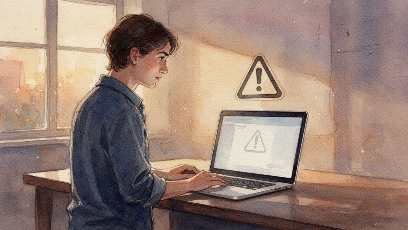 Eine Person steht vor einem Laptop auf einem Schreibtisch und betrachtet ein attraktives Strom-Bonus-Angebot, ein subtiler Haken oder Warnsymbol im Hintergrund deutet auf Fallstricke hin. Wasserfarbenstil mit weichem Blending, sichtbarer Pinseltextur und warmem Abendlicht.