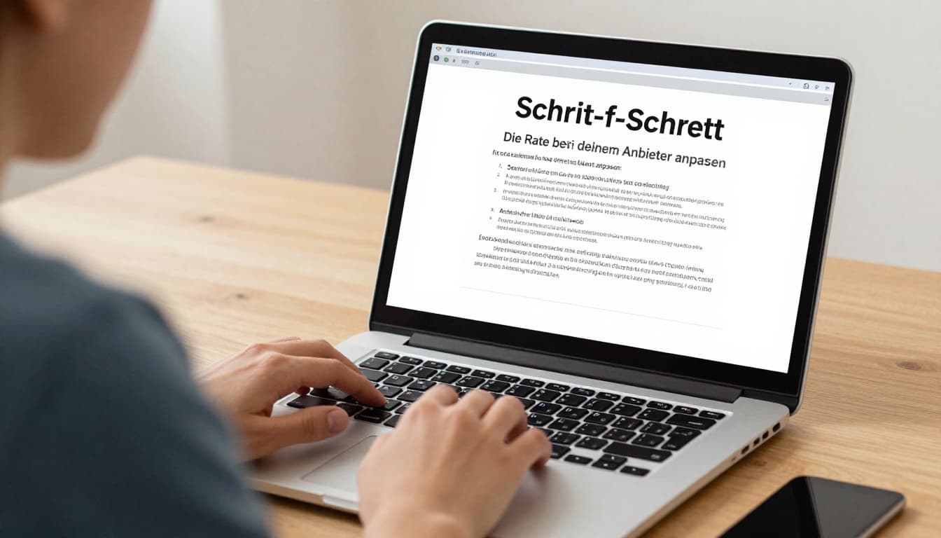 Eine Person sitzt entspannt am Schreibtisch vor einem Laptop und passt den Stromabschlag online an, in ruhiger Büroumgebung mit natürlichem Licht und Watercolor-Stil.