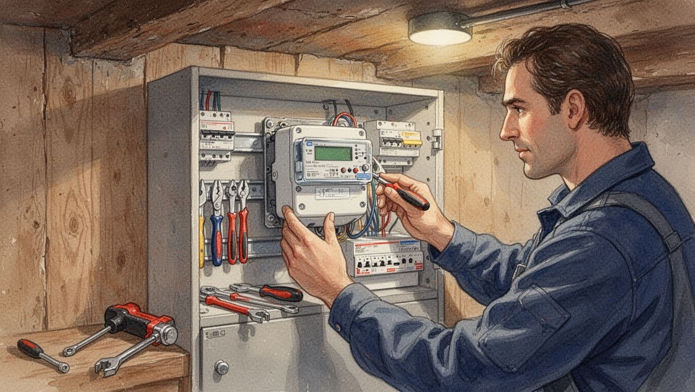A professional technician replaces an old meter with a smart meter in a cozy German apartment basement cabinet, depicted in watercolor style with step-by-step visual workflow, tools, and soft brush textures.