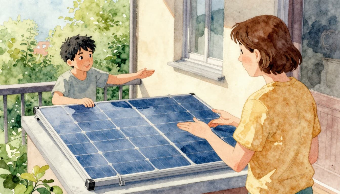 Tenant and landlord standing on a sunny balcony, engaged in friendly discussion about a balcony solar power system, with one pointing to the solar module, rendered in watercolor style with soft blending and warm tones.