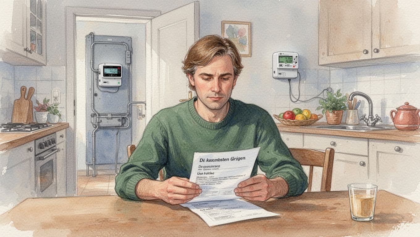 A thoughtful German homeowner in a cozy kitchen reads an official letter about smart meter installation, with the smart meter visible through an open door in the background. Watercolor style featuring soft blending, visible brush texture, natural lighting, and exactly one person.