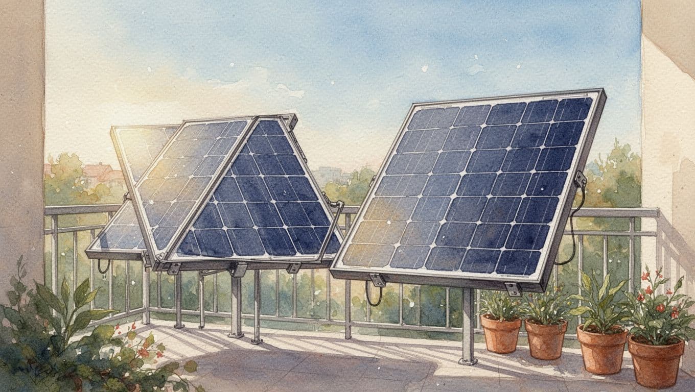Two solar modules mounted on a balcony railing, perfectly oriented south with 30-degree tilt, on a sunny day with soft sunlight and no shadows, watercolor style with plants in the background.
