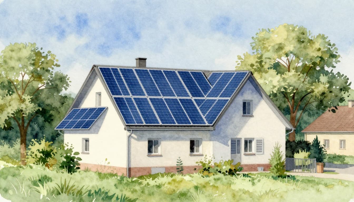 Typisches deutsches Einfamilienhaus mit schrägem Dach, bedeckt mit reihenförmig angeordneten blauen Solarmodulen, sonniger Tag mit blauem Himmel und wenigen Wolken, umgeben von grünem Gras und Bäumen, im Aquarellstil mit weichem Blending und sichtbarer Pinseltextur.