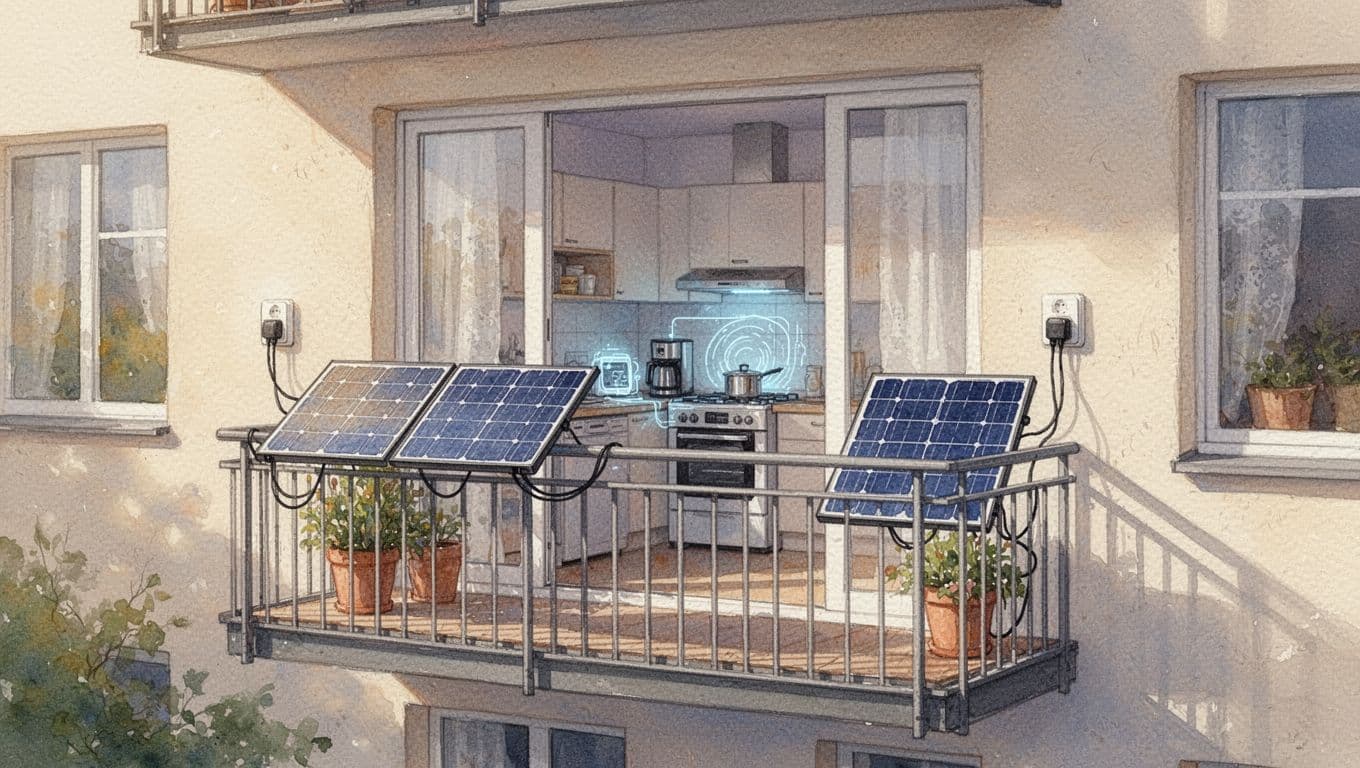 Watercolor-style balcony view of a multi-family house in Germany with small solar panels (Balkonkraftwerk) plugged into an outlet, midday sun, visible apartment interior with appliances during low-price hours, soft warm light and brush textures.