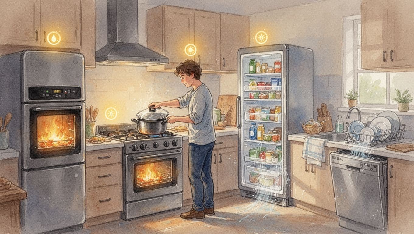 Watercolor illustration of a busy kitchen with electric stove, preheating oven, humming fridge, stocked freezer, running dishwasher, glowing energy bars above appliances, one person cooking.
