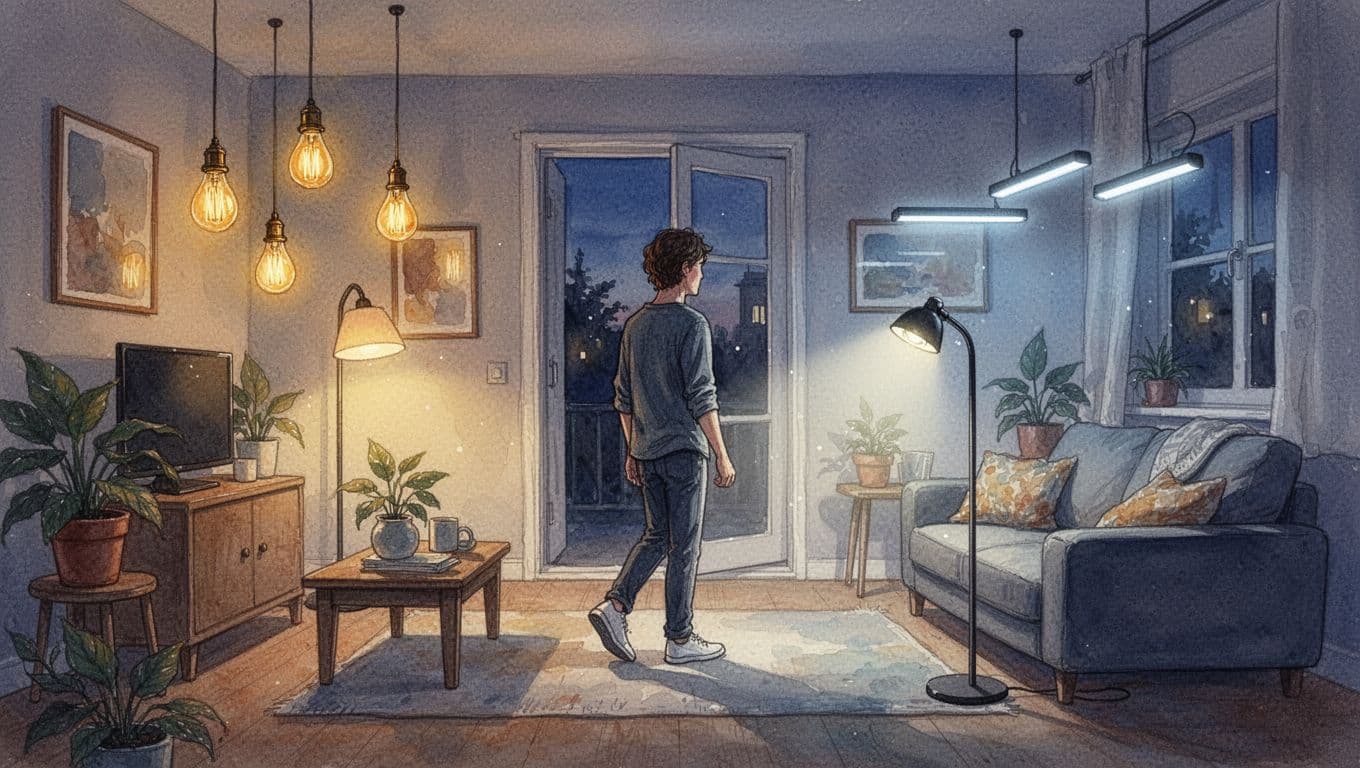 Watercolor illustration of a cozy living room at evening with old incandescent bulbs casting a warm glow and modern LED lamps with motion sensors activating automatically as one person enters. Soft blending brush textures emphasize the transition from classic to smart home lighting.