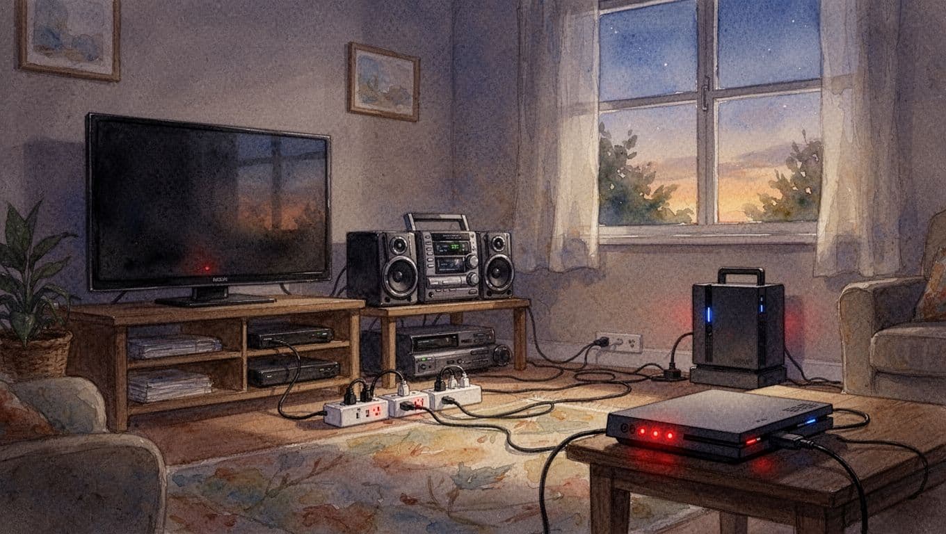 Watercolor style illustration of a cozy living room at dusk with TV, stereo system, and game console in standby mode, featuring small red power indicator glows and visible power strips and cables.