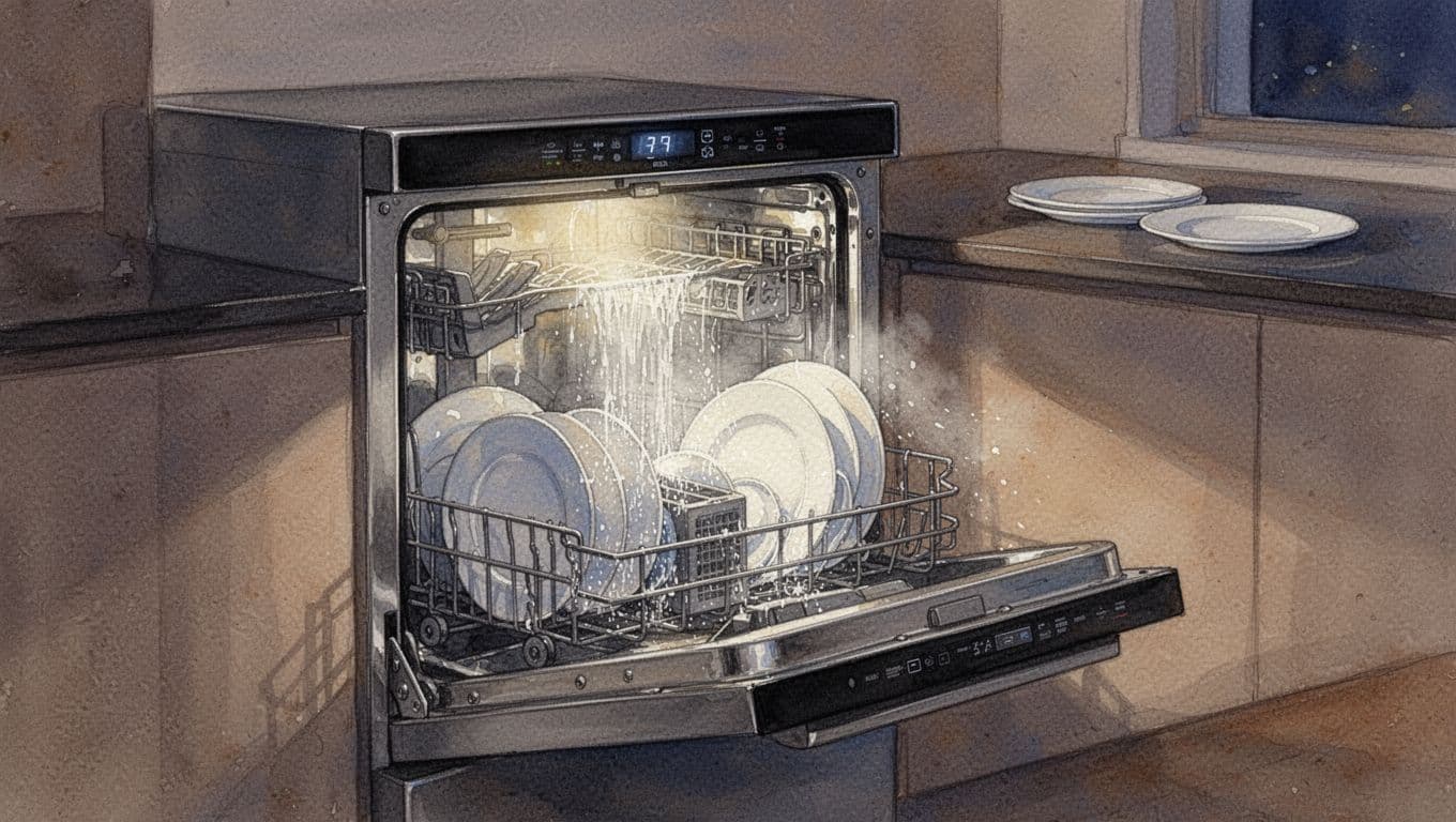 Watercolor style illustration of a loaded dishwasher running the Eco program in a modern kitchen, featuring soft brush strokes, warm earthy tones, visible water spray, and evening light.