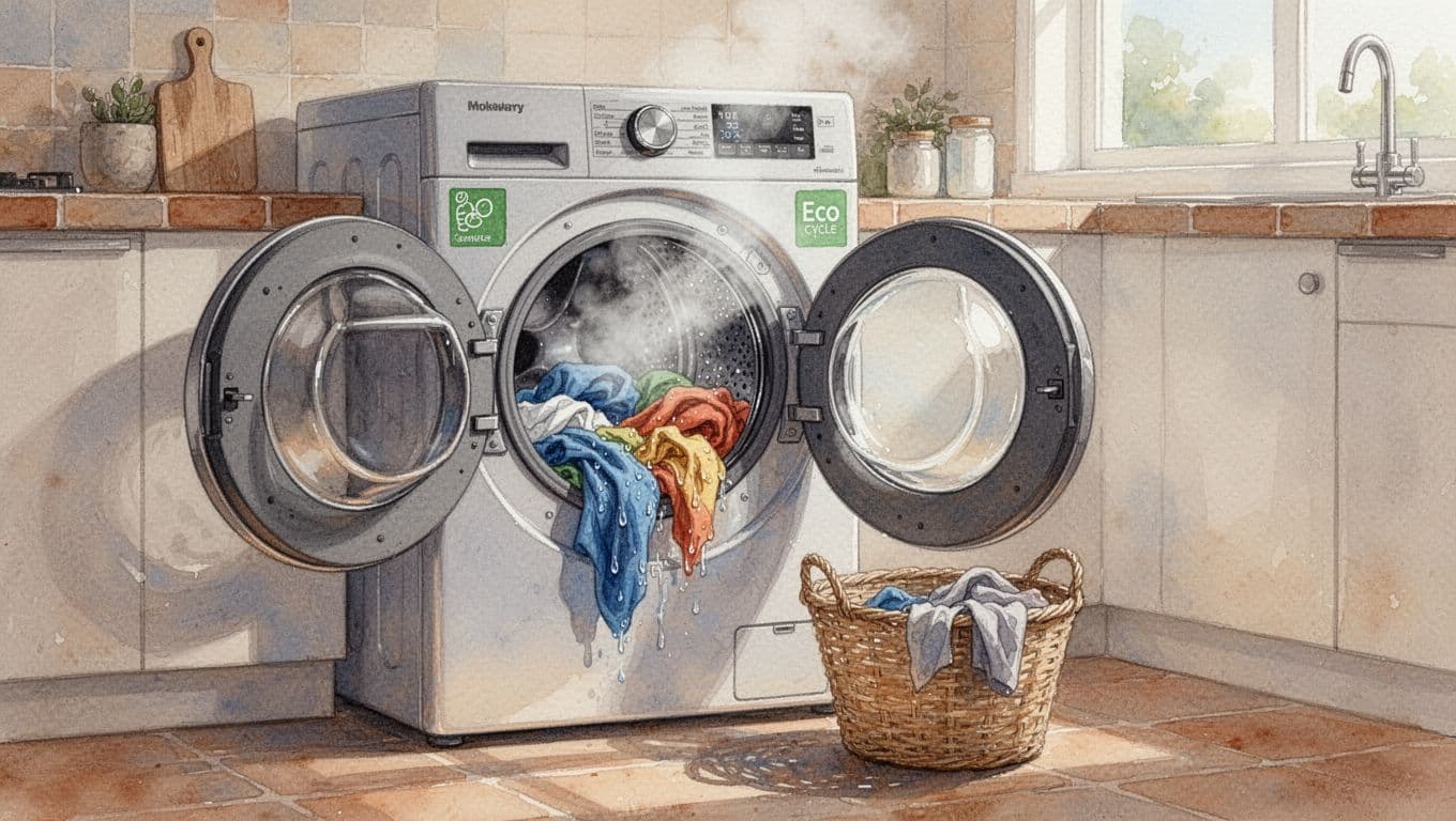 Modern front-loading washing machine in a bright kitchen during Eco cycle, door open with clothes inside and soft steam rising, rendered in watercolor style with warm earthy palette and subtle brush strokes.