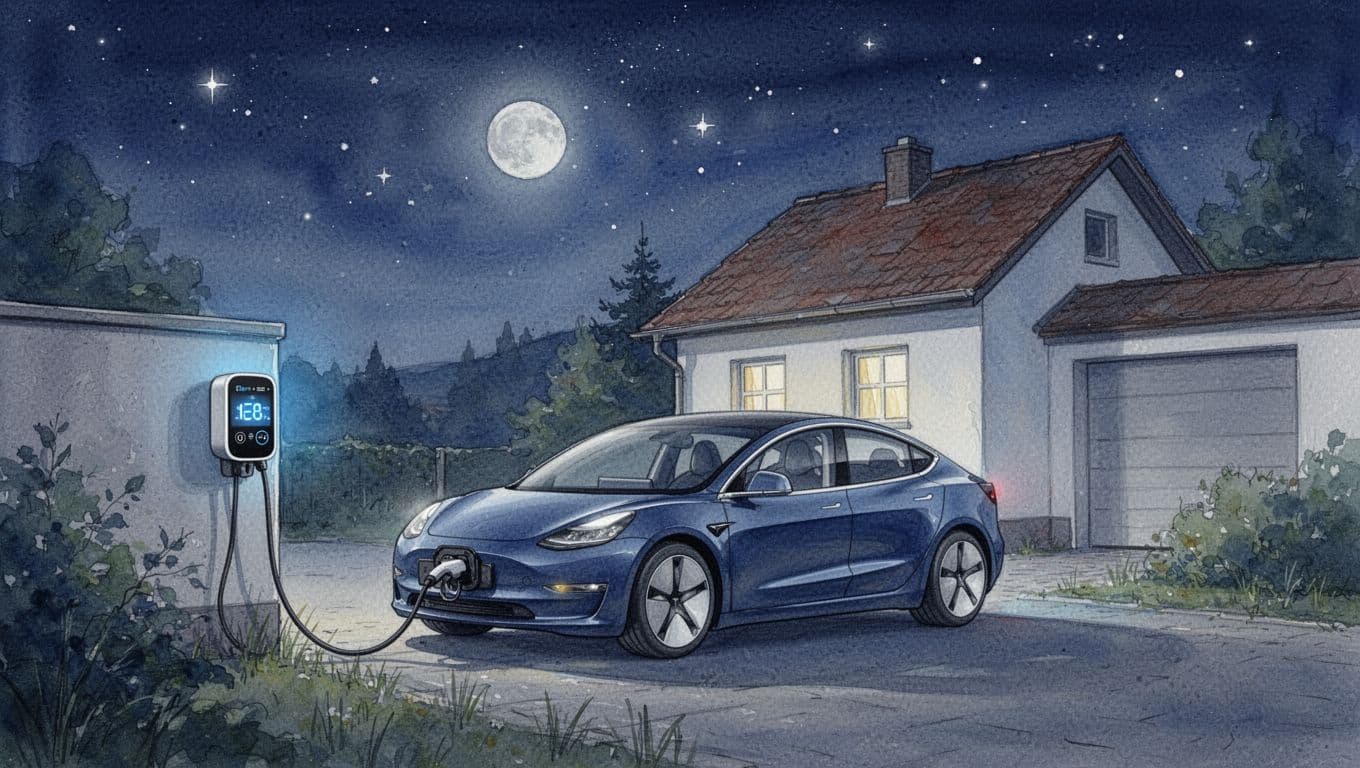 Watercolor-style scene of an electric car charging at night in a German driveway with Wallbox charger under starry sky and moonlight. Low electricity price indicator on charger screen, soft blue tones, brush textures, one car and house, no people.