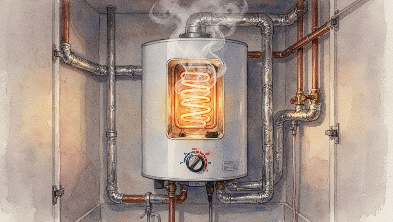Large electric hot water boiler in a utility closet with steam rising from the glowing heating element, insulated pipes, and temperature dial at high setting, rendered in soft watercolor style with warm lighting.