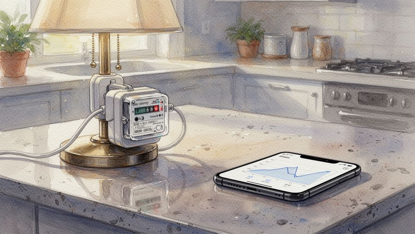 Watercolor illustration showing a single electricity meter plug connected to a lamp on a kitchen counter with a smartphone displaying a consumption graph app, in soft morning light, no people or text.