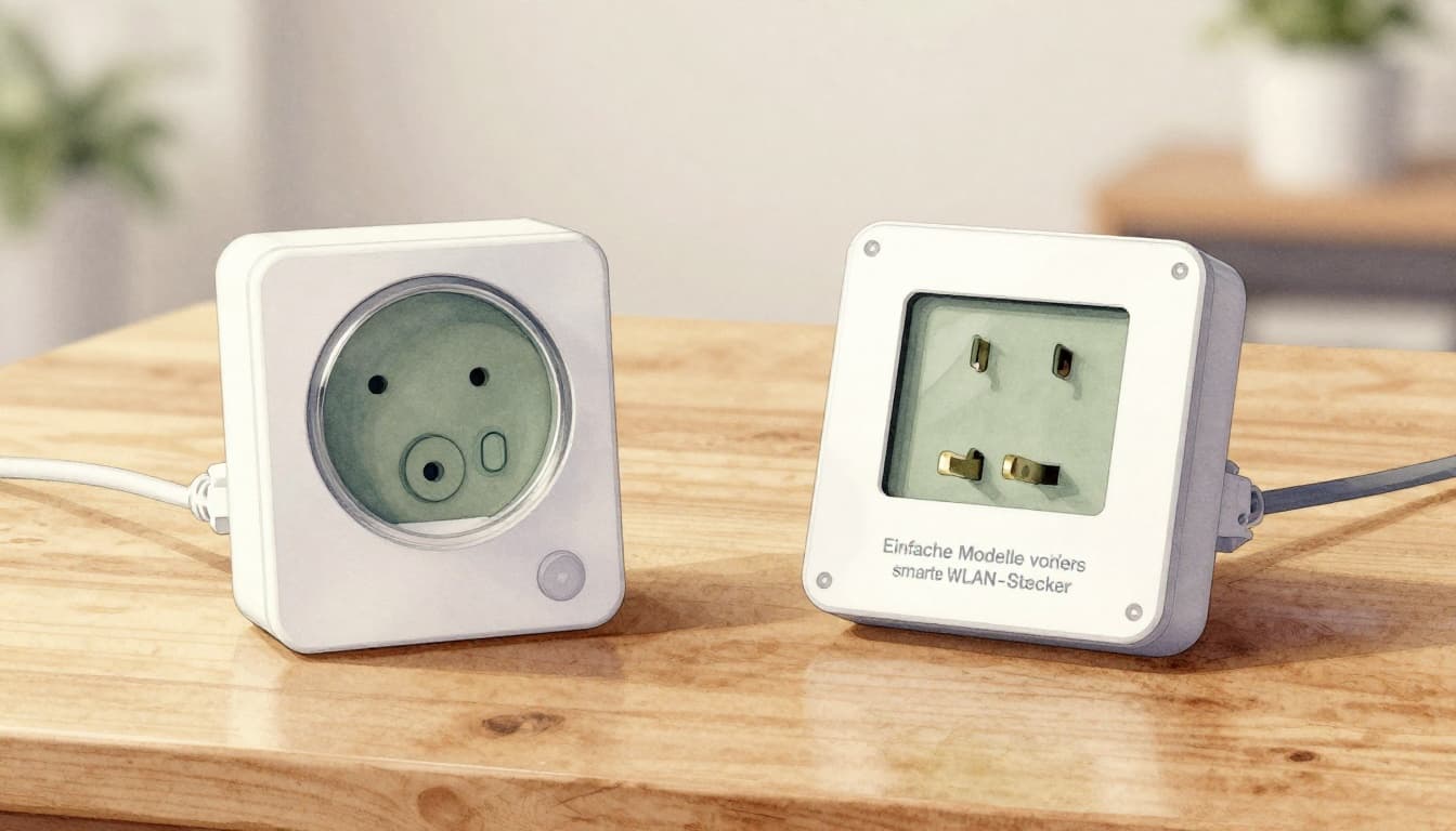 Watercolor style image with soft blending and visible brush texture showing a simple electricity meter plug and smart WiFi plug side by side on a wooden table in a home setting. Neutral background, soft natural lighting, exactly two devices visible, no people, no text, no logos.