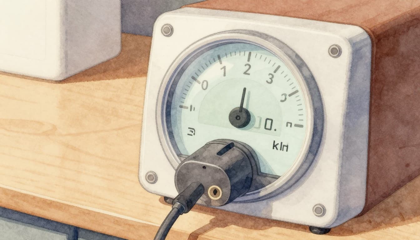 Watercolor-style close-up of an electricity meter plug display showing power in watts and kWh counter, with simple energy and time icons on a wooden desk under soft warm lighting.