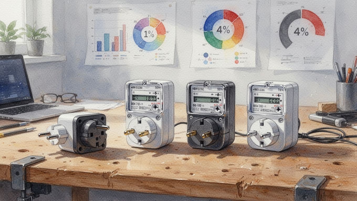 Watercolor-style image featuring four electricity meter plugs from Stiftung Warentest and CHIP tests on a wooden workbench in a home office, with subtle background test charts and rating icons under soft natural lighting.