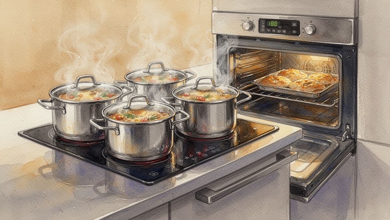 Watercolor close-up of electric stove top with boiling pots, lids on, oven baking, steam rising, warm lighting, no people.