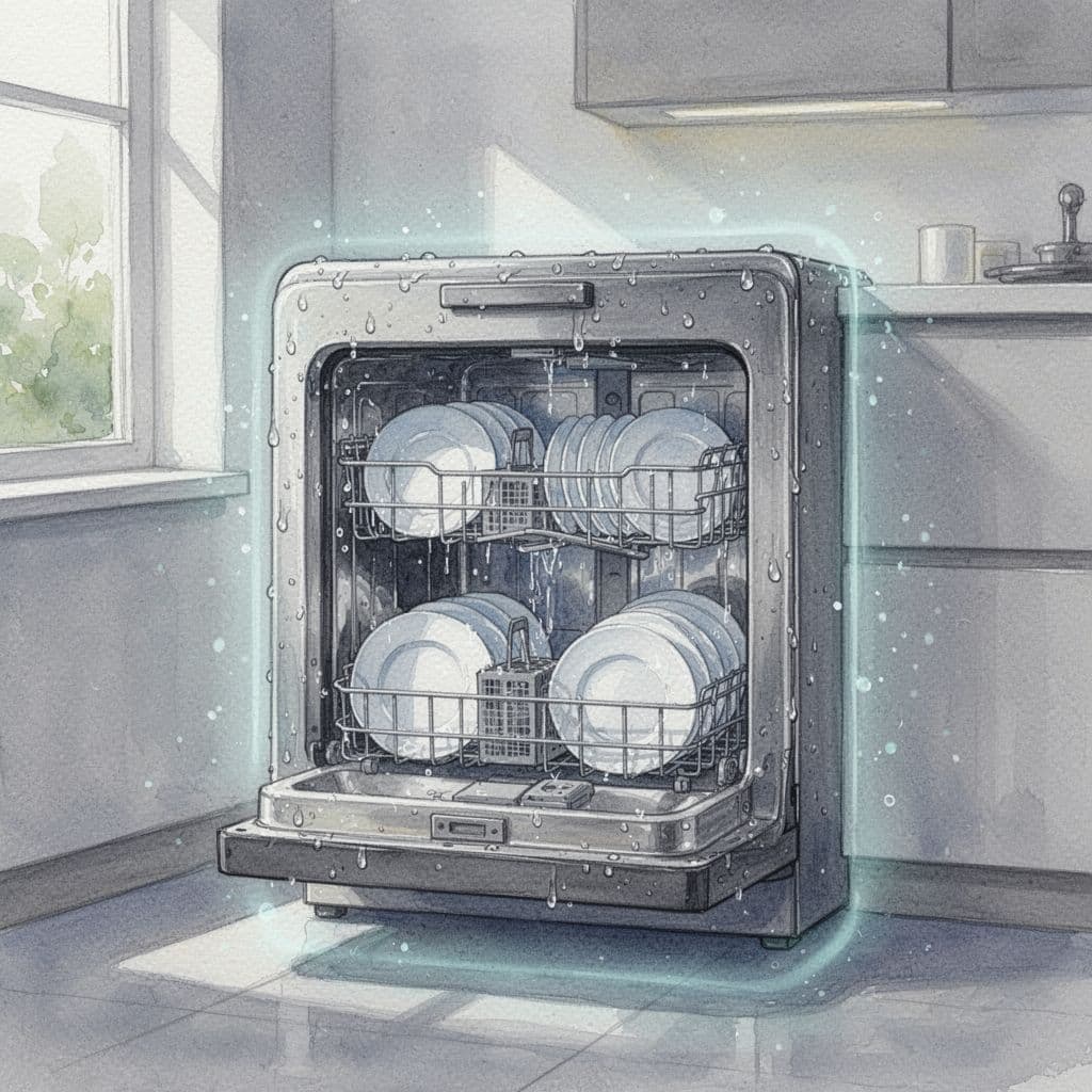 Watercolor illustration of a full dishwasher in eco mode cycle with door closed, dishes stacked efficiently visible through semi-transparent door, water droplets on exterior in kitchen setting, soft blending and faint energy meter icon.