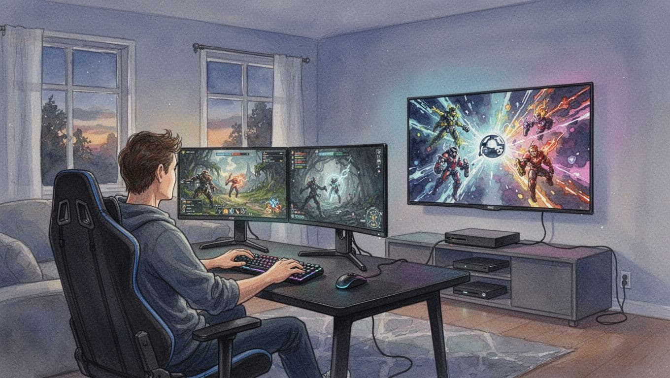 Watercolor-style evening living room scene shows a gaming PC desk with dual monitors, TV with colorful content, console, and rising energy bars above devices, with one relaxed gamer. Soft ambient lighting and visible brush strokes emphasize screen time's power usage.