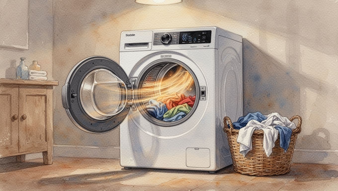 Watercolor style heat-pump tumble dryer in a cozy laundry room, with sensor drying clothes visible through the door, warm gentle air flow, laundry basket nearby, and soft overhead lighting.