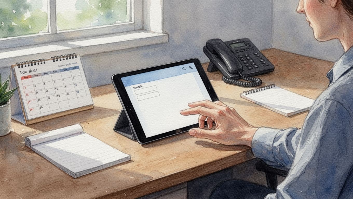 Watercolor-style home office desk scene with tablet displaying steps to switch electricity providers, calendar, phone, notepad, relaxed hand, and soft daylight from window.