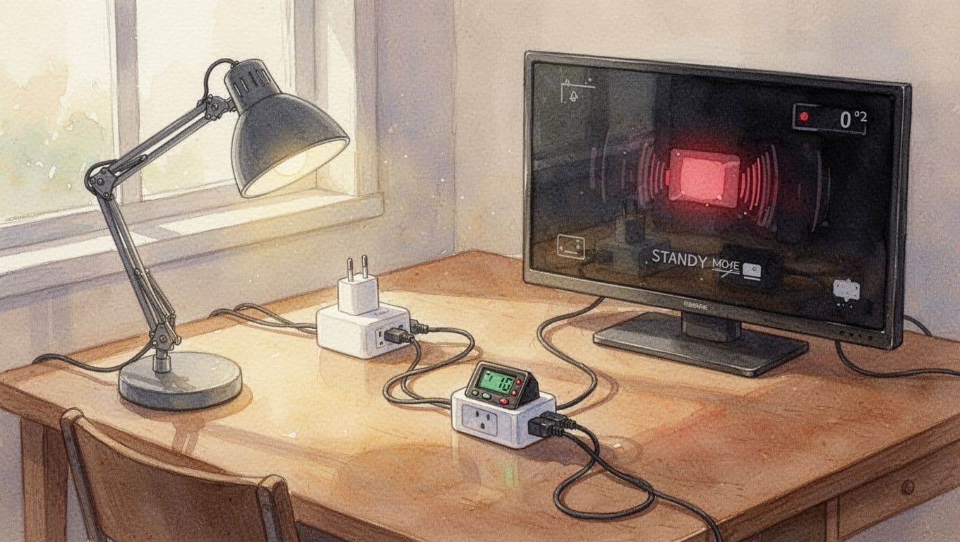 Watercolor style image with soft blending and brush texture showing a desk lamp, phone charger, and standby TV plugged into a Strommess-Zwischenstecker on a wooden home desk under soft warm window lighting.