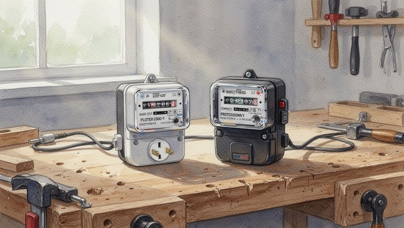 Watercolor style illustration with soft blending and brush texture depicting Ikea Inspelning and Bosch BSP-FZ2 electricity meter plugs side by side on a wooden table in a home workshop. Neutral background with soft natural lighting, no people or additional objects.
