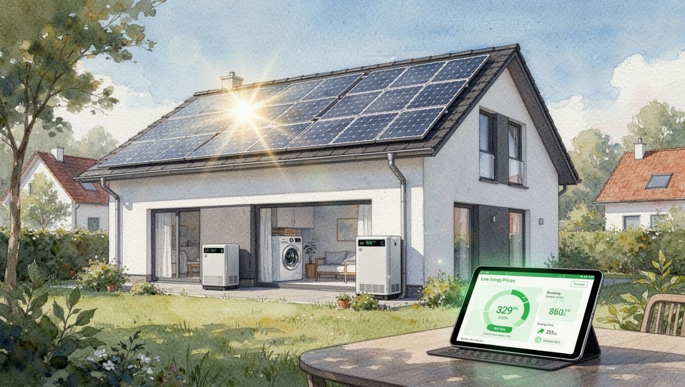 Watercolor-style illustration of a modern German house with rooftop PV solar panels and battery storage system under midday sunlight, tablet app showing low electricity prices and load shifting.