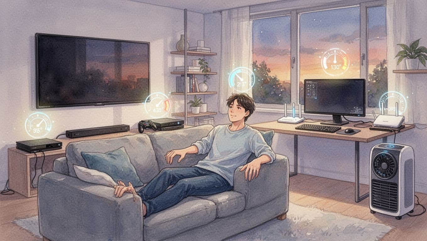 Watercolor illustration of a modern living room setup with high-energy devices like wall-mounted TV, gaming console, desktop PC, WiFi router, and portable air conditioner, featuring subtle glowing energy meters indicating high usage, soft evening lighting, and one relaxed person on the sofa with visible brush textures.
