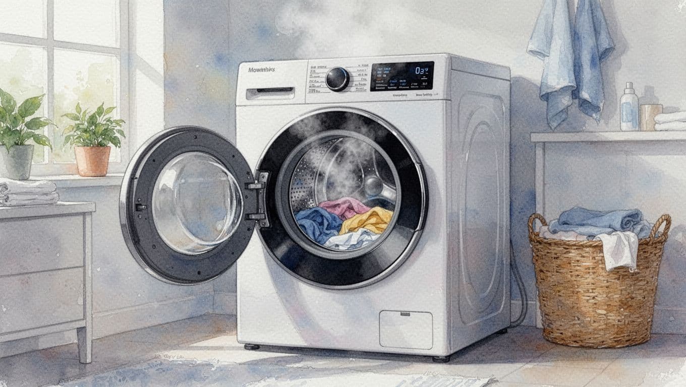 Watercolor illustration of a modern washing machine in a laundry room running a full load at 40 degrees, door closed with faint clothes visible inside and gentle steam escaping.