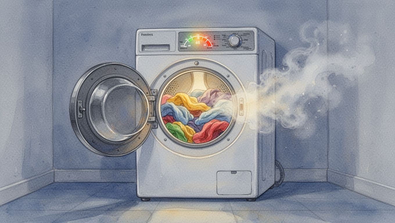 Watercolor illustration of a clothes dryer in a laundry room with open door, hot moist air escaping, colorful laundry load, and rising energy meter in soft blue-gray tones.