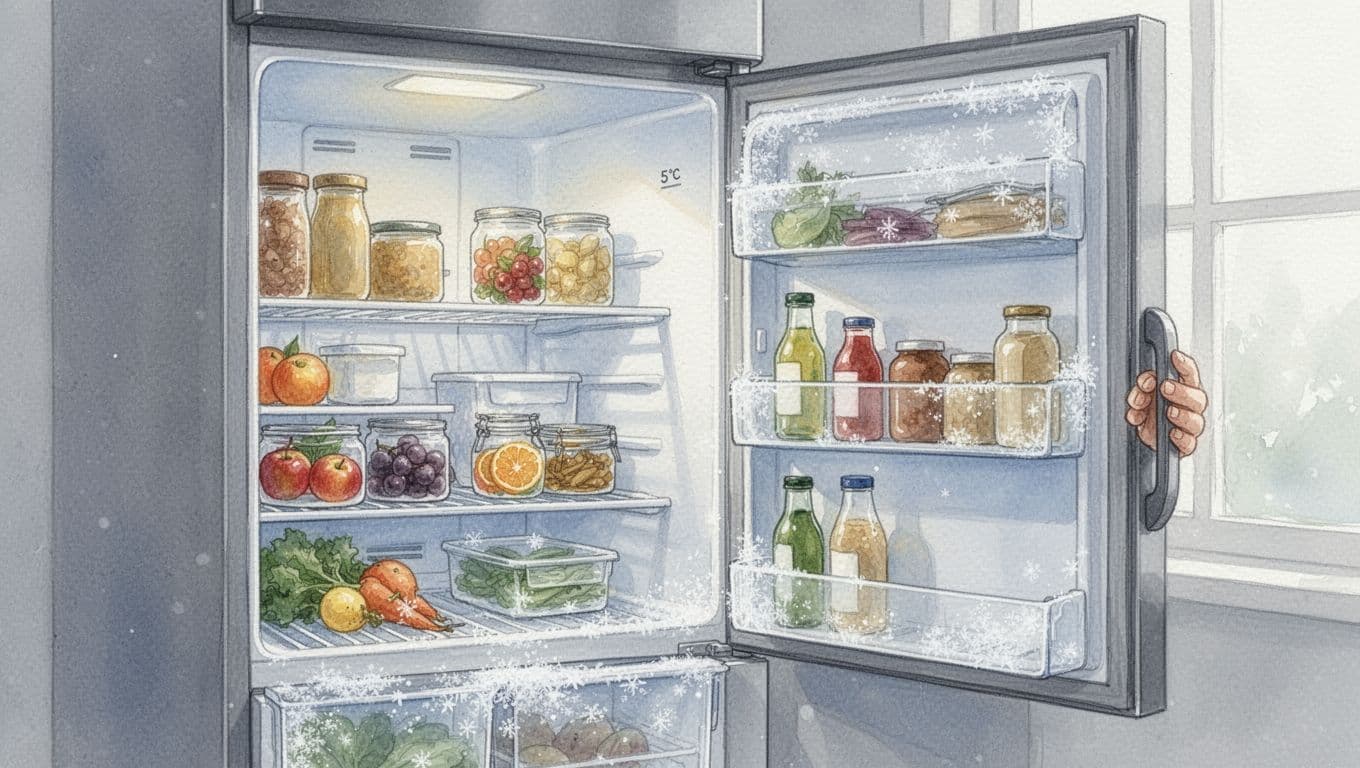 Watercolor-style kitchen scene with an open fridge at 5°C, freezer with minimal frost, organized shelves, soft natural light, and a cool interior atmosphere, no people or text visible.