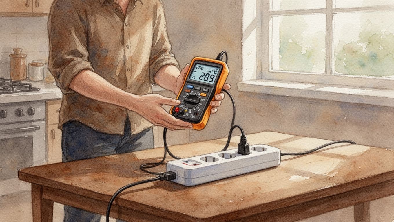 Watercolor style illustration featuring a person holding a handheld electricity meter to measure power consumption on a power strip with plugged devices at a simple kitchen table, using soft blending, visible brush textures, and warm earthy tones.
