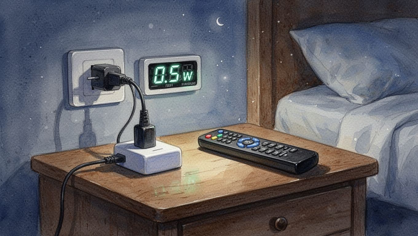 Watercolor style image with soft blending and brush texture depicting a power meter connected to a standby charger and TV remote on a wooden nightstand in a dim bedroom, display flickering between 0W and 0.5W to illustrate low power measurement issues.