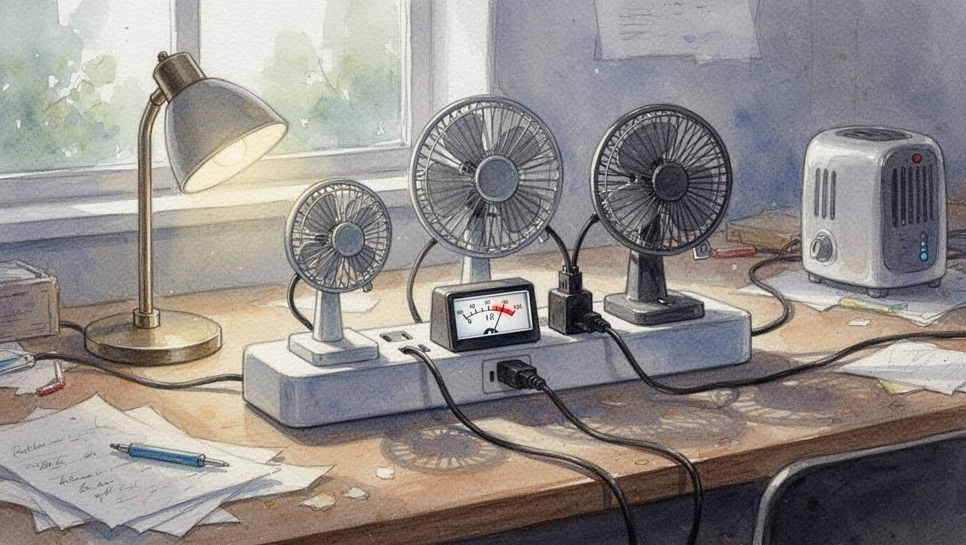 Watercolor style image of a power strip with a meter plug showing lower power when three small devices like a lamp and fan are added, on a cluttered desk in natural daylight.
