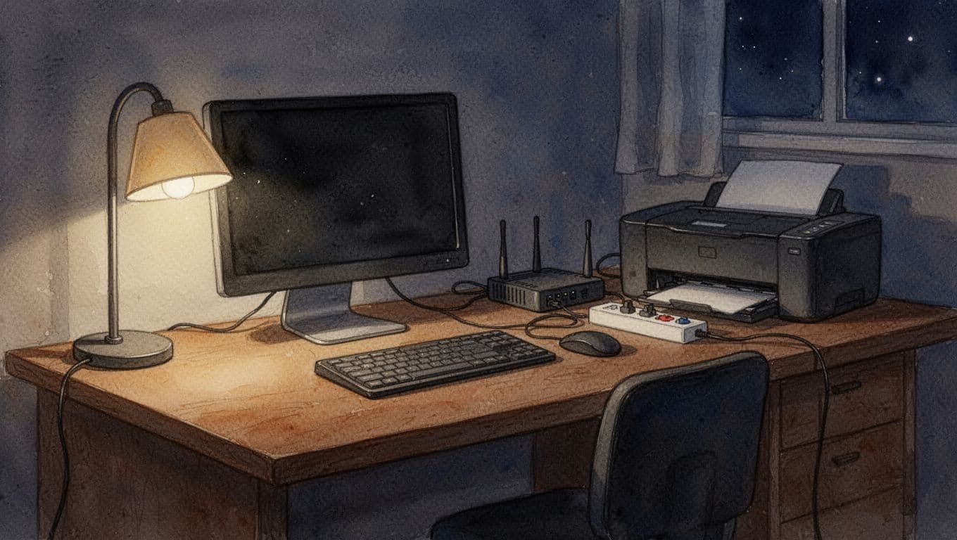 Watercolor-style home office desk at night with all devices powered off, including PC, monitor, printer, router, and power strip, lit by soft lamp light in warm earthy tones.
