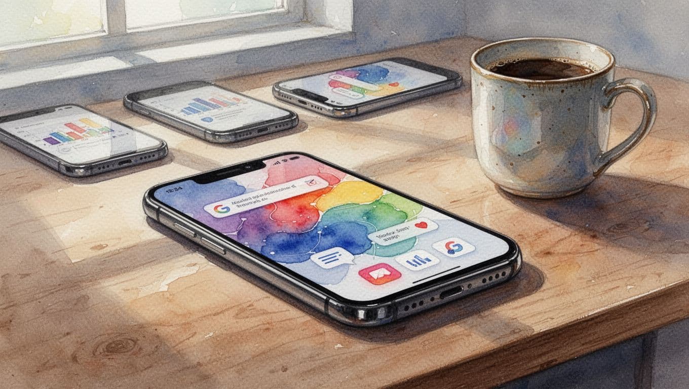 Watercolor-style illustration of smartphones on a wooden desk displaying apps for dynamic electricity tariffs, featuring price charts and notifications, with a coffee mug nearby under soft natural daylight.