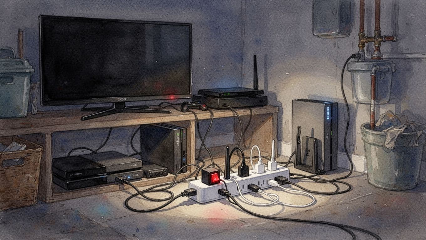 Watercolor style scene of home entertainment setup including TV, gaming console, router, and chargers plugged into a power strip with the switch in the off position, set in a dim utility room or living room corner.
