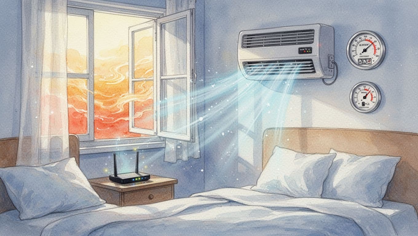 Watercolor illustration of a hot summer bedroom featuring a window-mounted air conditioner blowing cool air, a WiFi router with blinking lights on the bedside table, heat waves outside, and rising energy meter indicating high power consumption.