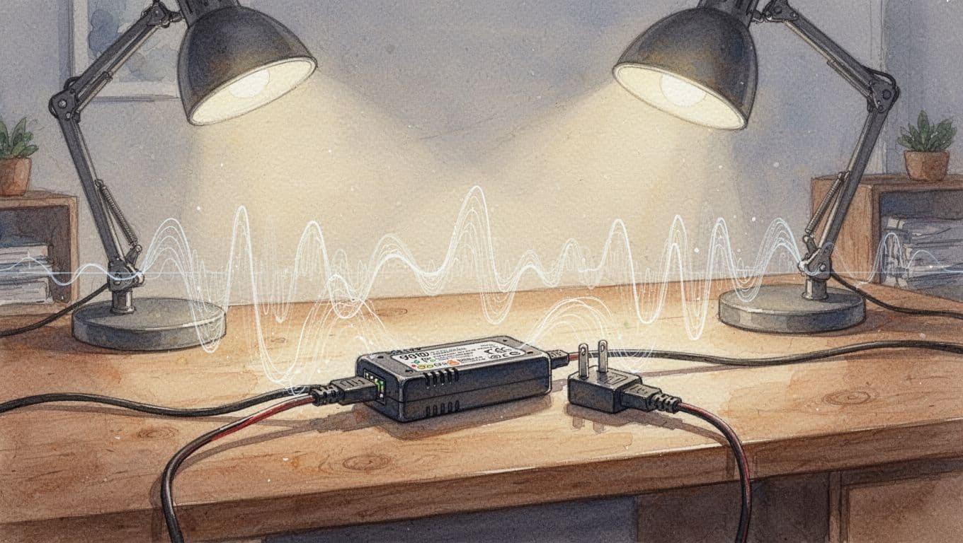 Watercolor style image with soft blending and brush texture showing a laptop charger plugged into a power meter on a desk, subtle wavy lines visualizing waveform distortions from harmonics, warm desk lamp lighting in a home office setting.