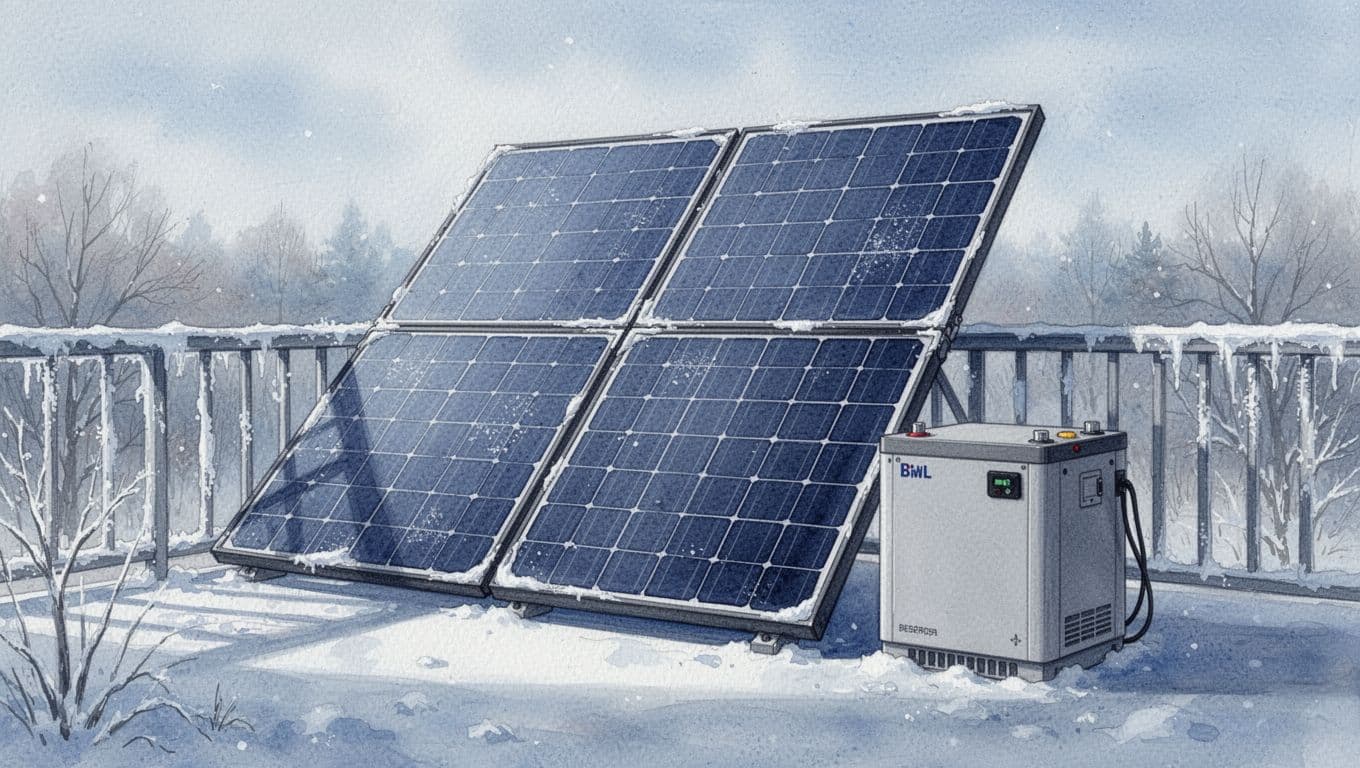 Watercolor illustration of a modern balcony solar power plant in winter, featuring overdimensioned panels and small battery storage unit with cold blue tones and soft brush textures.