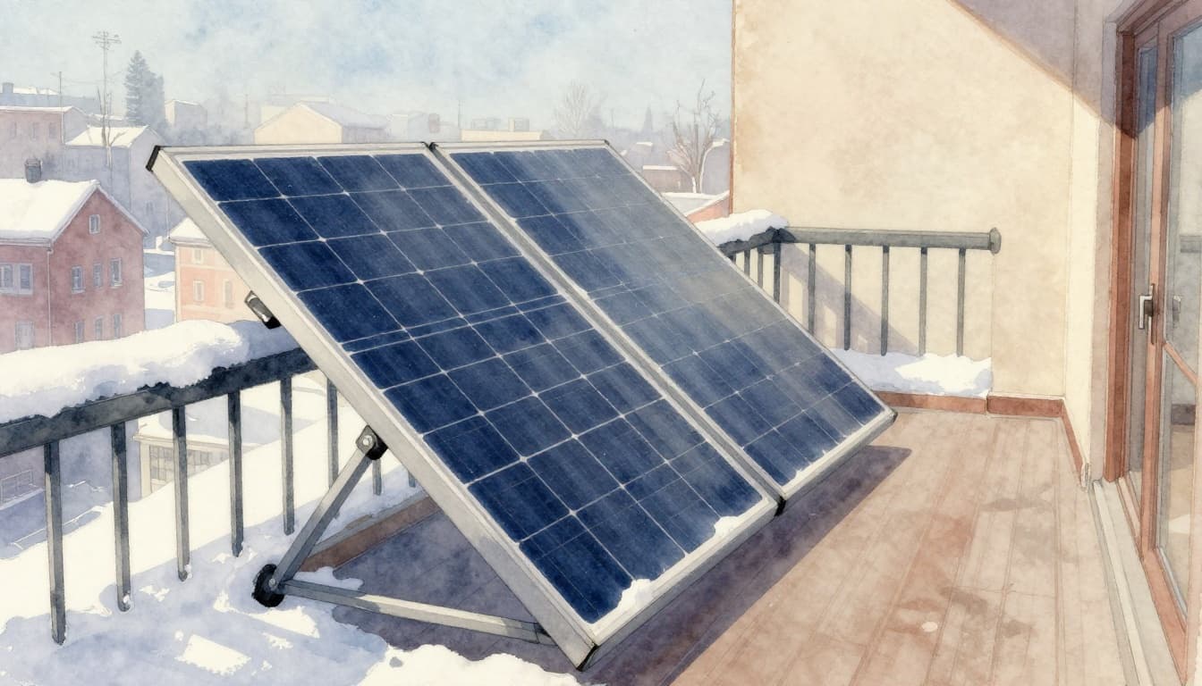 Watercolor style illustration showing a single solar panel on a snowy urban balcony, tilted steeply south for maximum winter sun capture, with low sun rays and visible brush textures.